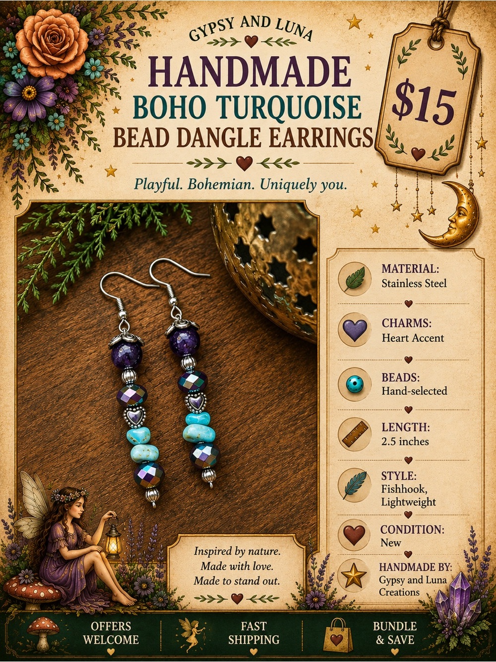 Handmade Boho Purple Turquoise Earrings